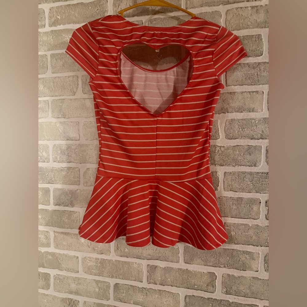 Kirra Red Striped Peplum Top With Heart Cut Out On Back
